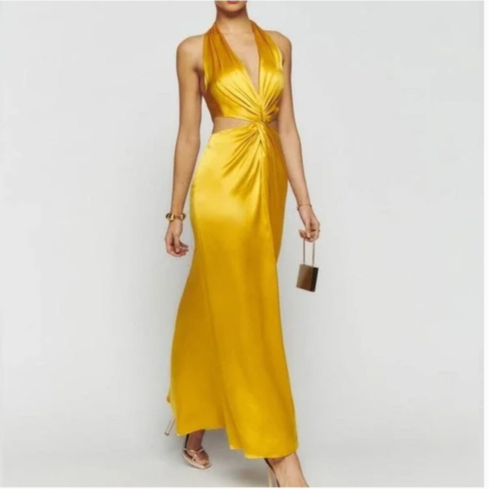 Reformation Golden Yellow Halter Twist Midi Dress